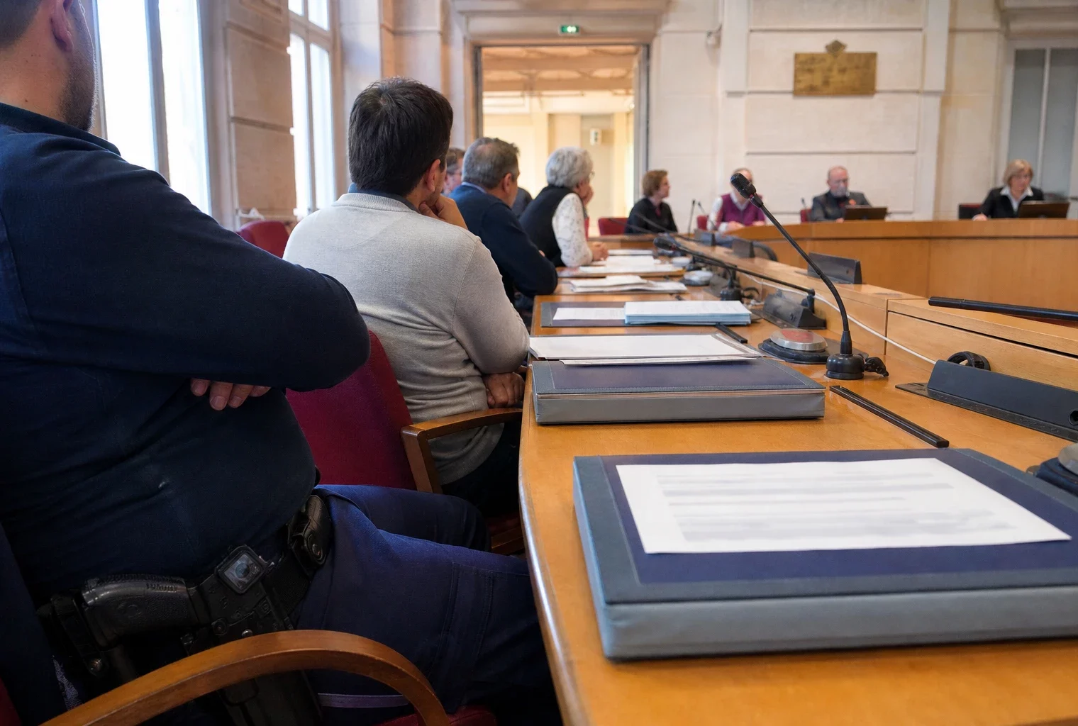 Salle municipale française avec chaise vide, micros et dossiers lors d’une scène de conseil local