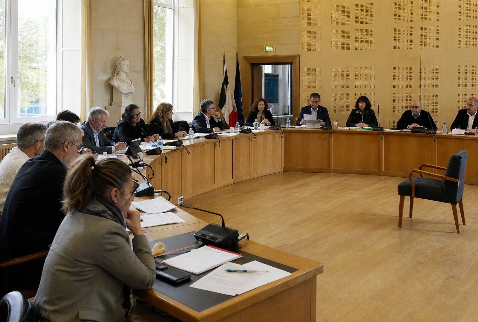 Salle de conseil municipal française avec élus locaux, micros, dossiers flous et une chaise vide en marge de la réunion