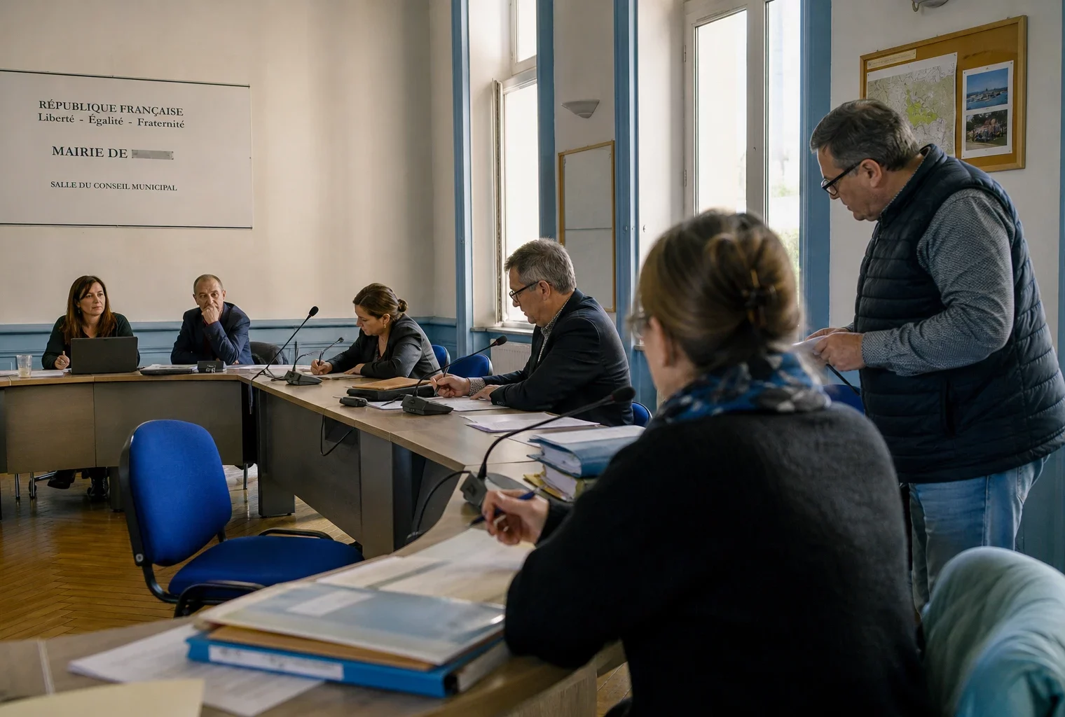 Salle municipale française avec chaise vide, micros et dossiers flous évoquant les tensions autour de la guerre en Ukraine