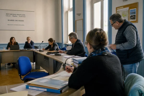Salle municipale française avec chaise vide, micros et dossiers flous évoquant les tensions autour de la guerre en Ukraine