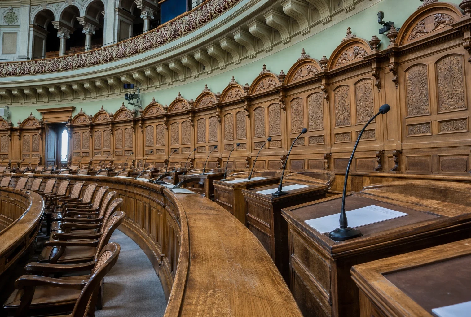 Salle de débat française vide, pupitres alignés, micros et feuilles blanches, dans un grand décor institutionnel.