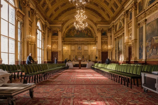 Salle des fêtes de l’Élysée en préparation, chaises alignées, pupitre discret et lumière d’hiver sur le décor officiel.