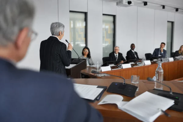 Salle de groupe parlementaire à l’Assemblée nationale, vue en surplomb d’un orateur au pupitre face à des députés assis.