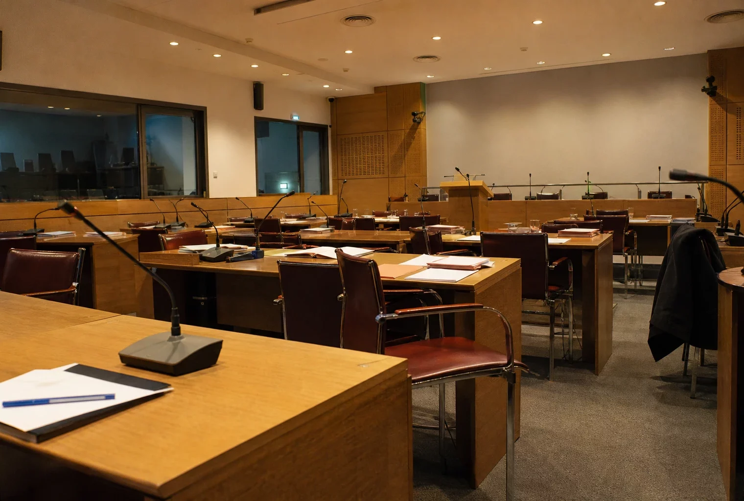 Salle de réunion du groupe parlementaire, avec tables, micros et sièges vides à l’Assemblée nationale.
