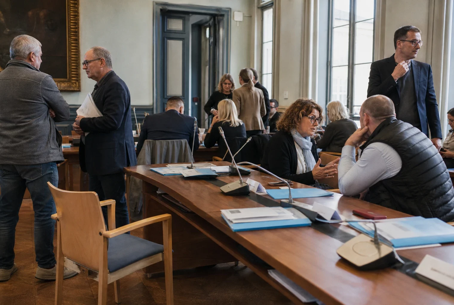 Salle municipale française avec élus anonymes, micros et chaise vide lors d’une réunion politique locale
