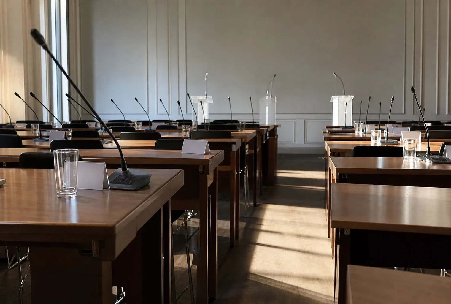 Salle de presse vide de l’Élysée, pupitres et micros alignés sur des tables en bois, ambiance sobre et institutionnelle.
