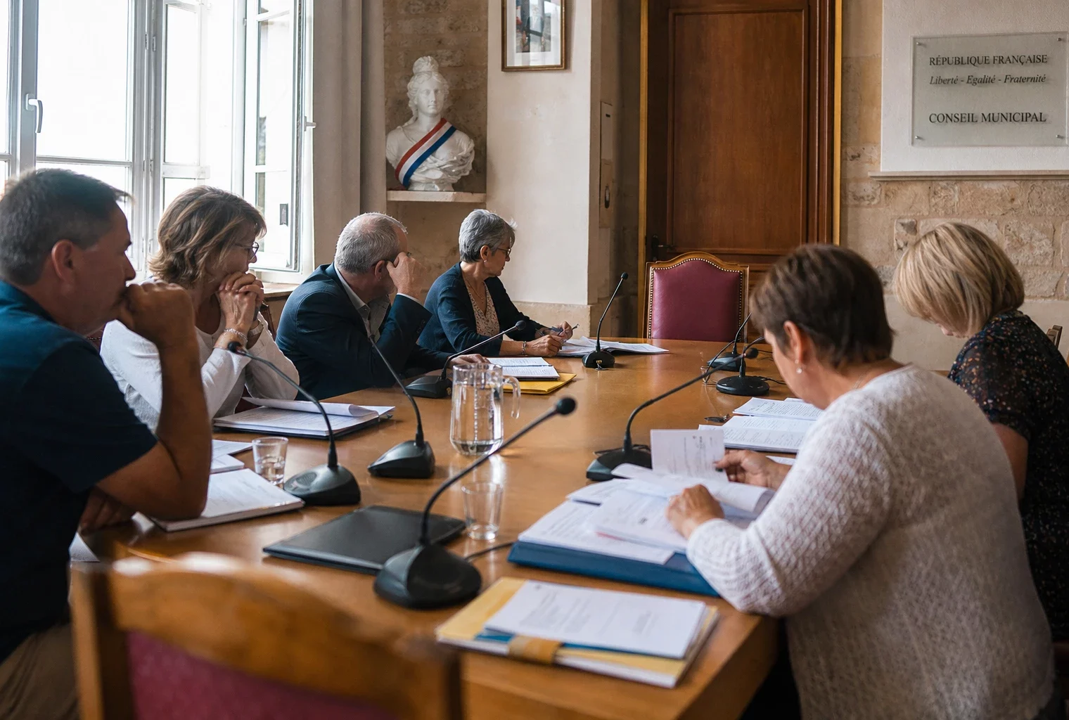 Salle de conseil municipal française avec une chaise vide, des micros et des dossiers lors d’une réunion politique