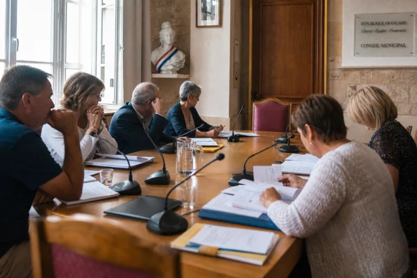 Salle de conseil municipal française avec une chaise vide, des micros et des dossiers lors d’une réunion politique
