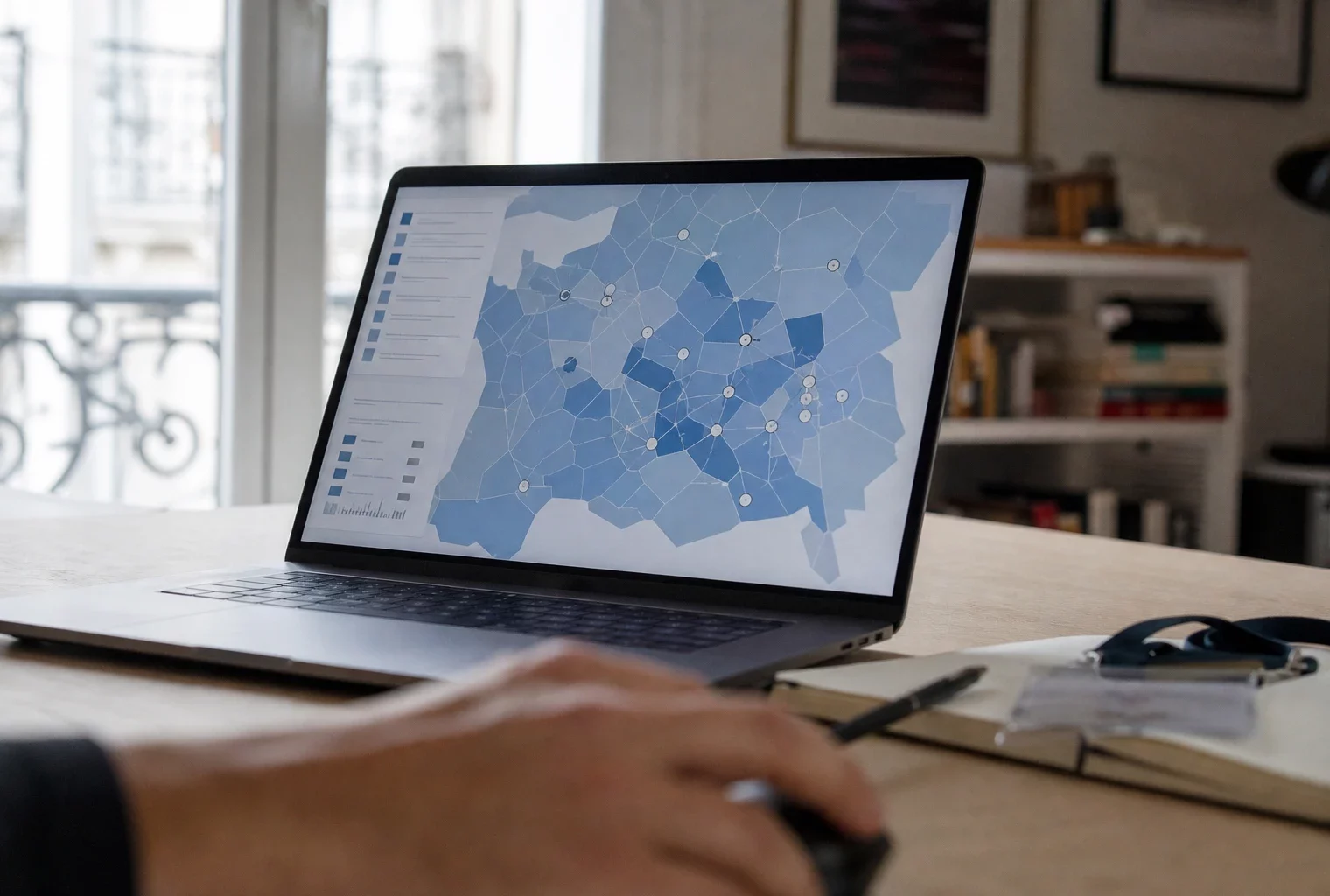 Main floue devant un ordinateur affichant une interface européenne abstraite dans un bureau français lumineux