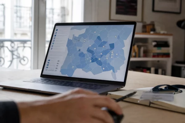Main floue devant un ordinateur affichant une interface européenne abstraite dans un bureau français lumineux