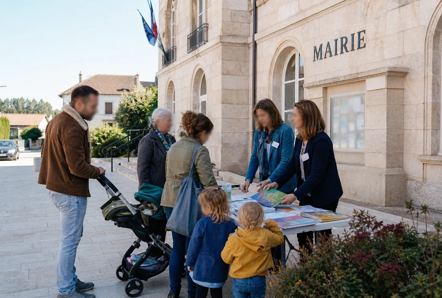 Parents et enfants devant une mairie française lors d’un échange sur l’accueil scolaire précoce
