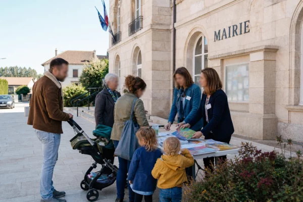 Parents et enfants devant une mairie française lors d’un échange sur l’accueil scolaire précoce