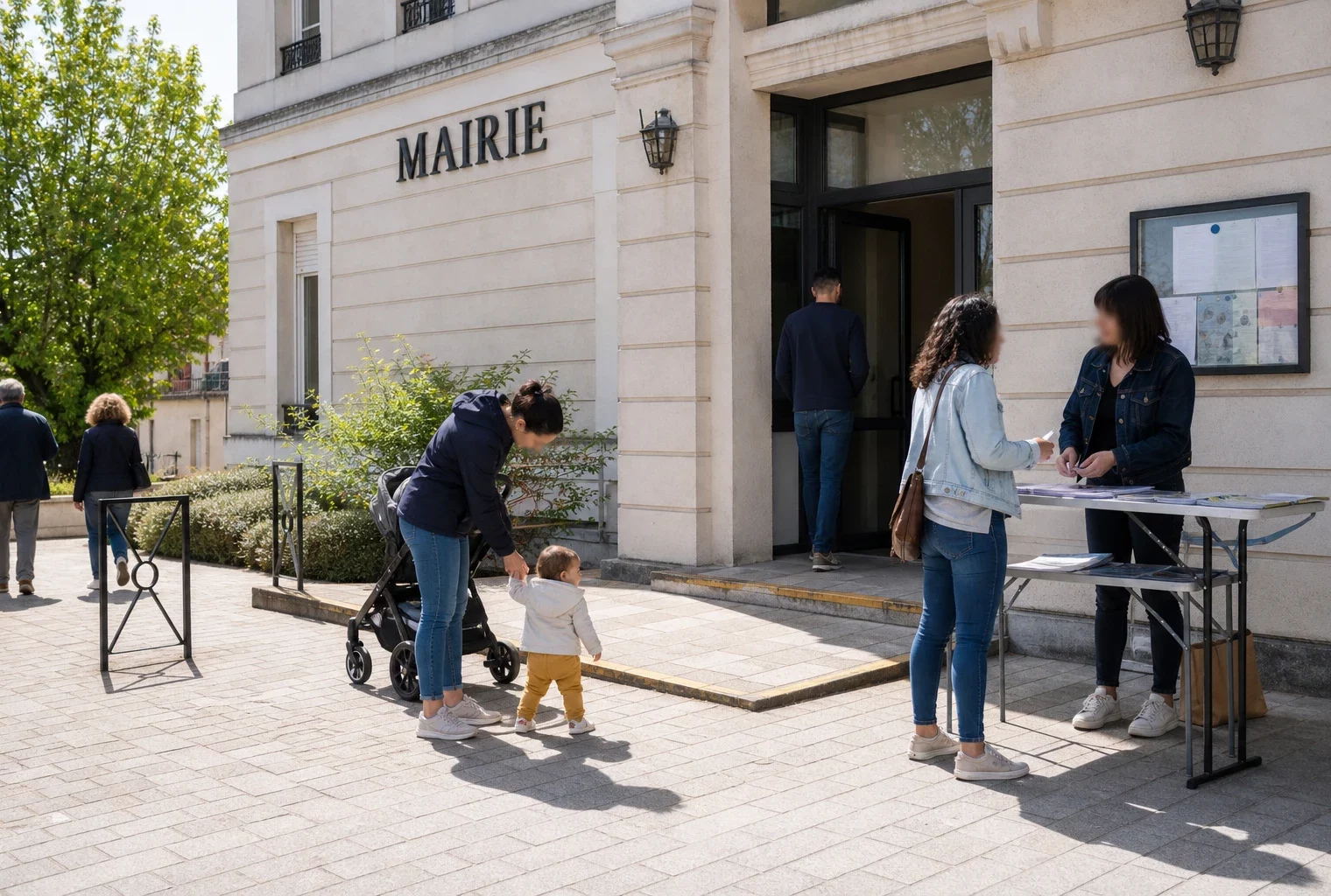 Parent et jeune enfant devant une mairie française, avec un échange sur l’accueil municipal de la petite enfance