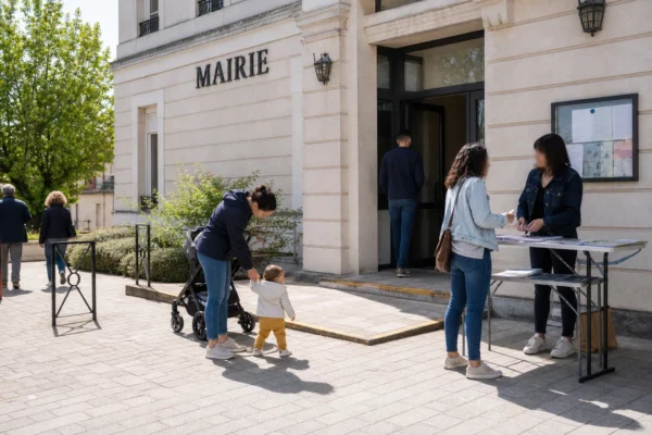 Parent et jeune enfant devant une mairie française, avec un échange sur l’accueil municipal de la petite enfance