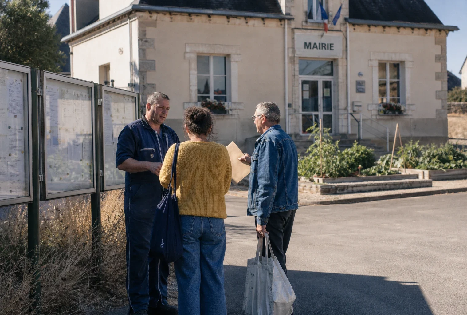 Habitants et éleveur échangent devant une mairie française dans un contexte de sécheresse agricole