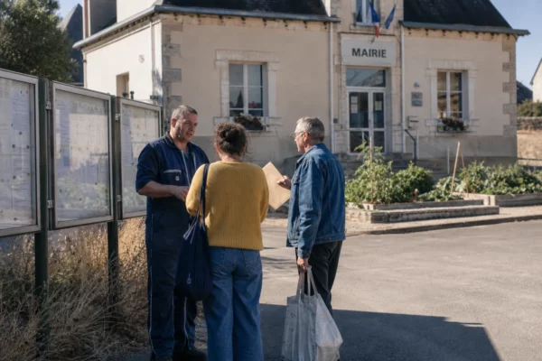 Habitants et éleveur échangent devant une mairie française dans un contexte de sécheresse agricole