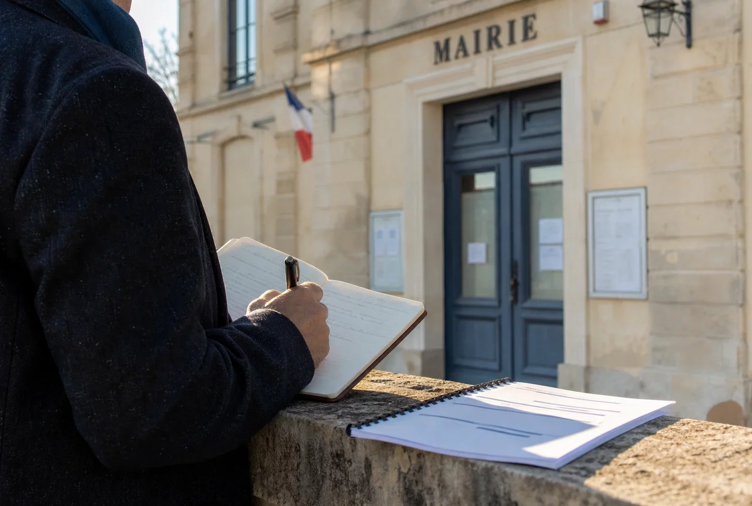 Élu local anonyme prenant des notes devant une mairie française, dans une lumière douce et naturelle