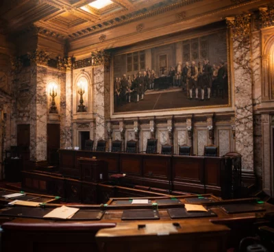 L’hémicycle du Sénat au Palais du Luxembourg, avec pupitres, sièges et dossiers, dans une lumière chaude de fin de journée.
