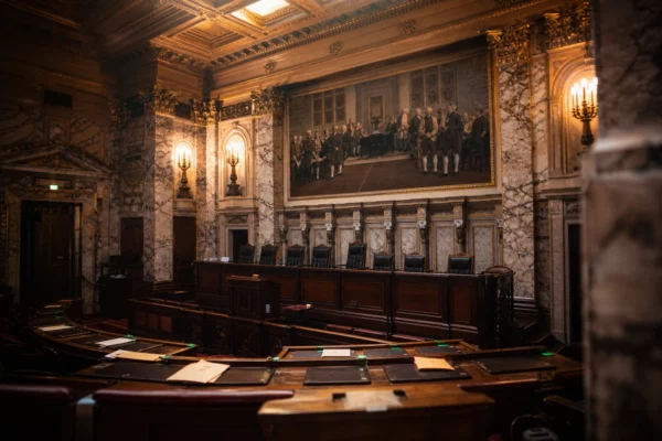 L’hémicycle du Sénat au Palais du Luxembourg, avec pupitres, sièges et dossiers, dans une lumière chaude de fin de journée.
