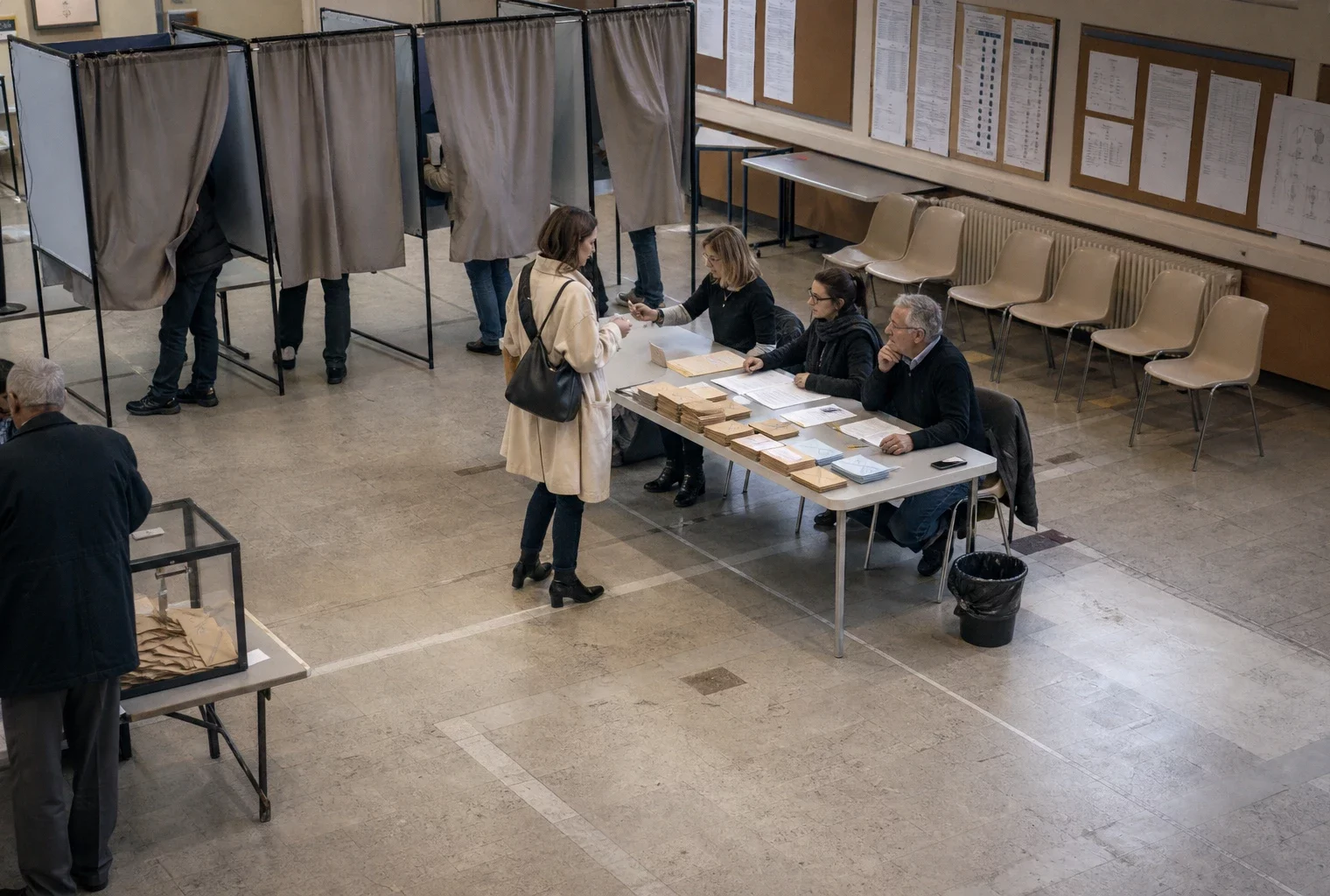 Salle de vote avec isoloirs et table de bulletins, pour illustrer le renouvellement des sièges sénatoriaux.