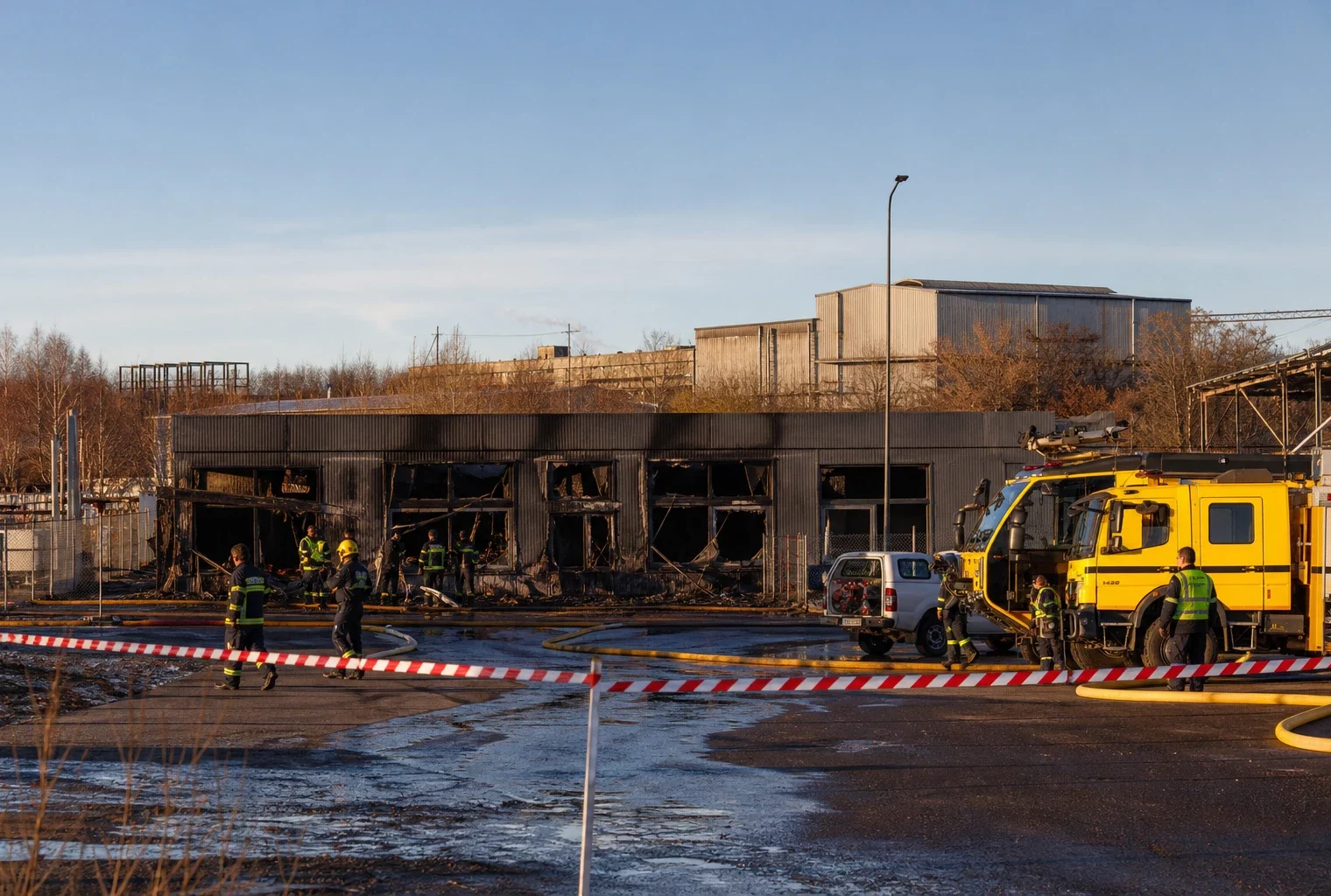 Façade d’entrepôt endommagée par un incendie, véhicules de secours stationnés et traces d’intervention sur un site industriel à Tallinn.