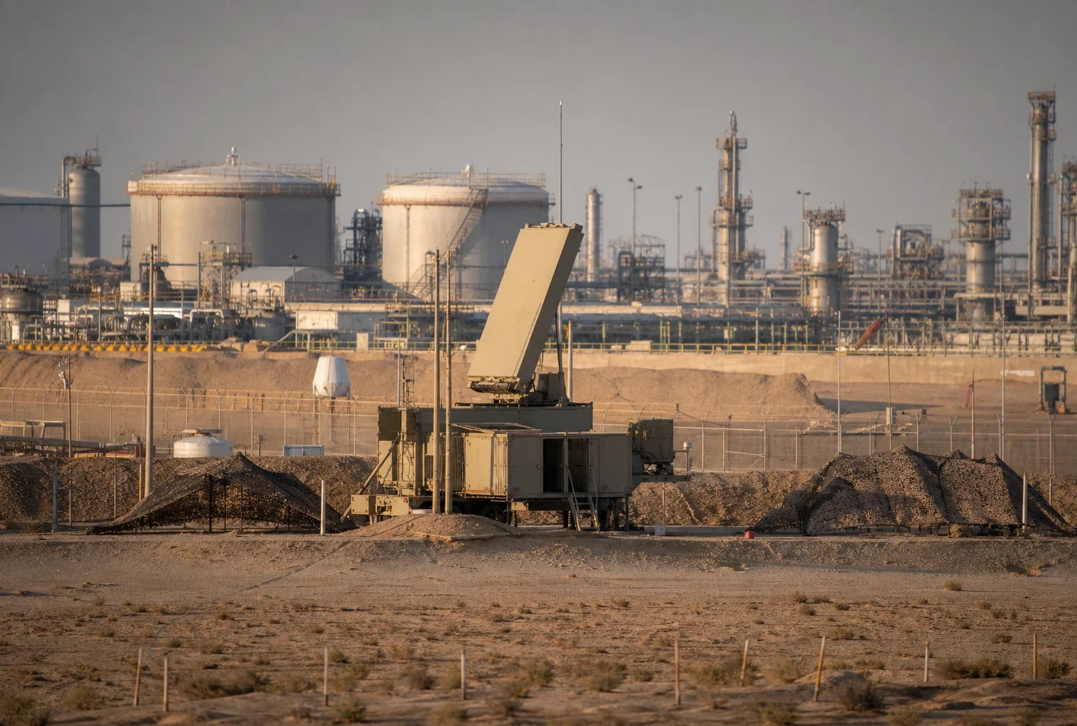 Un site énergétique surveillé par des radars et des moyens de défense, en Arabie saoudite.