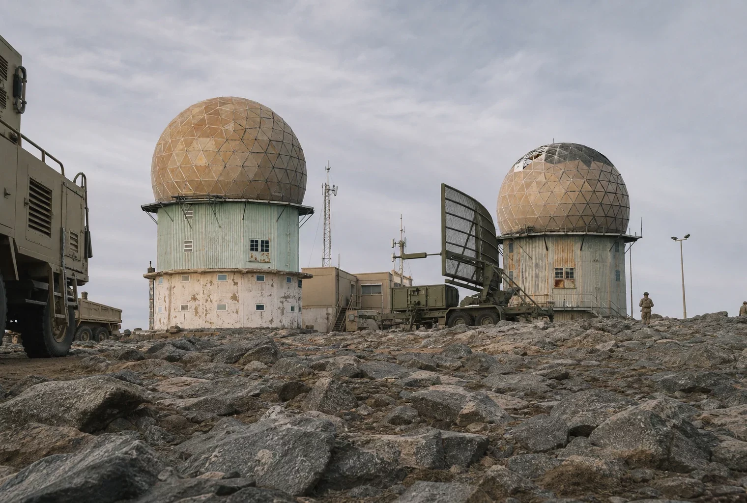 Base militaire à Yanbu avec radars à dôme, engins au sol et bâtiments techniques sous un ciel laiteux.