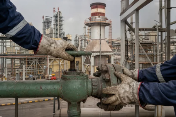 Mains gantées réglant une vanne sur un oléoduc de Yanbu, au milieu de tuyauteries et structures industrielles usées.