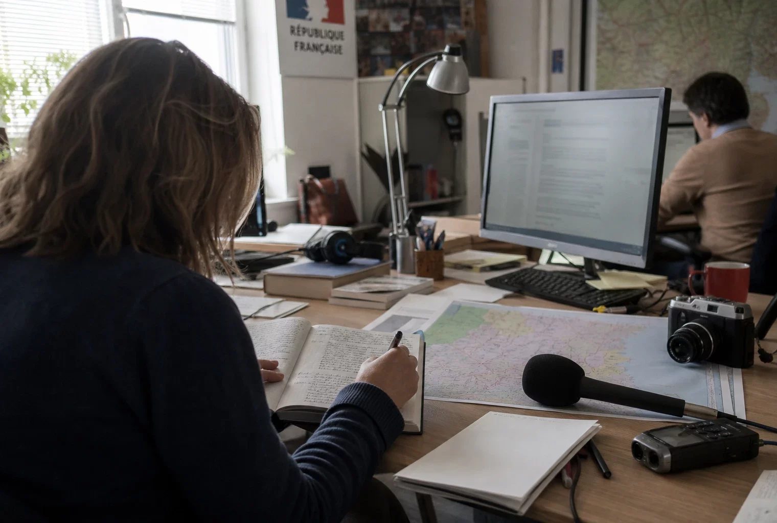 Journaliste préparant un sujet sur le Sommet Lumière dans une rédaction locale française, avec carnet et carte floue