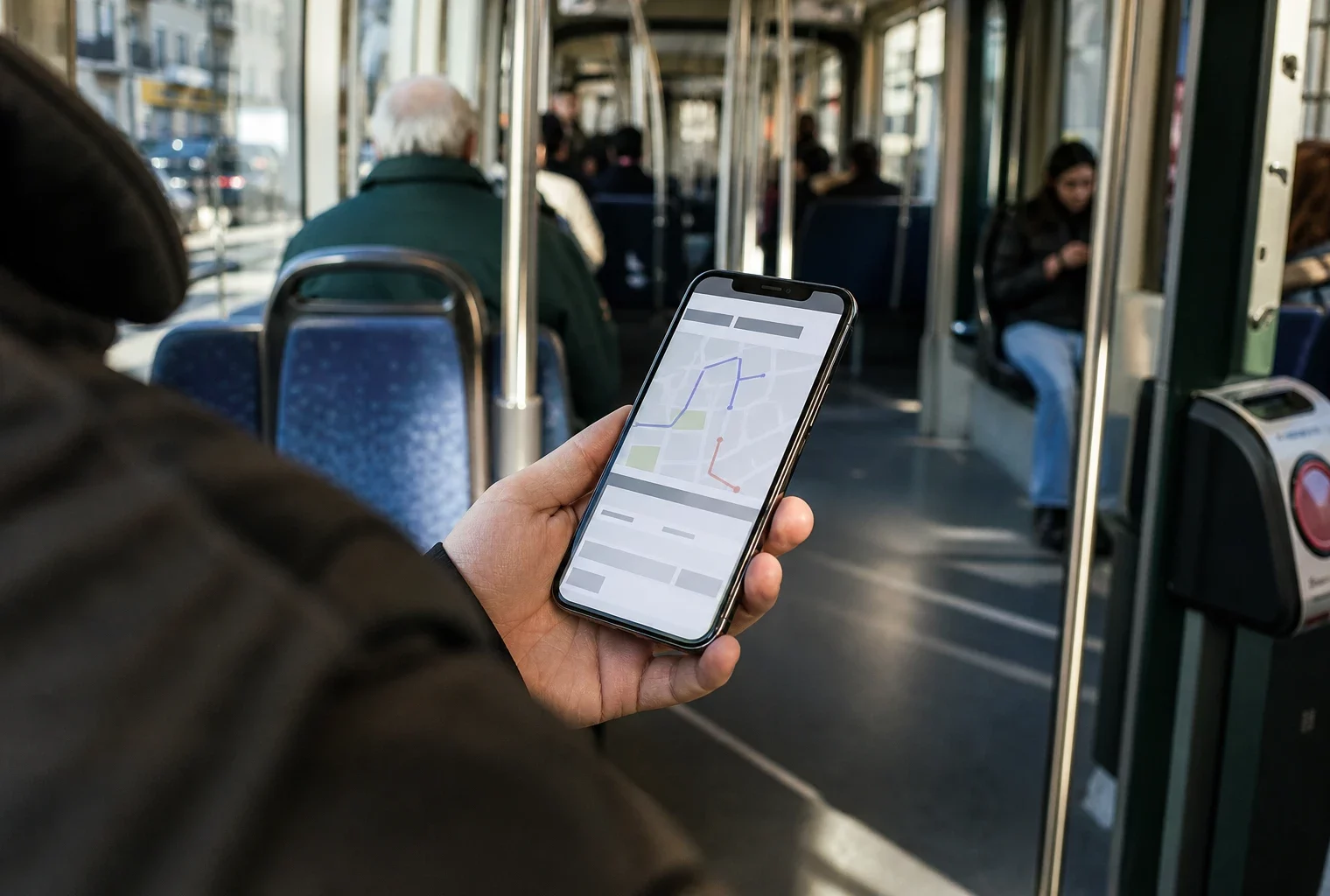 Main tenant un smartphone affichant une application de trajet abstraite dans un tramway français, passagers flous en arrière-plan