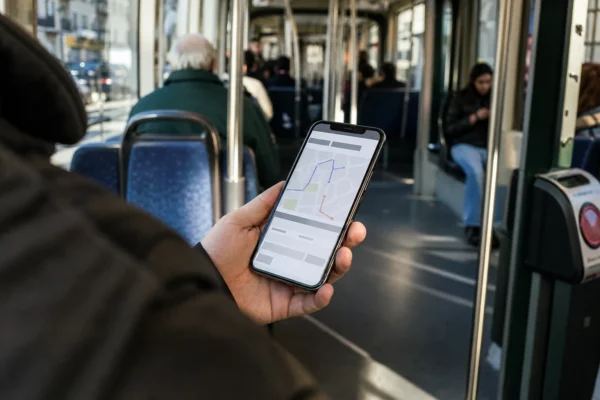 Main tenant un smartphone affichant une application de trajet abstraite dans un tramway français, passagers flous en arrière-plan