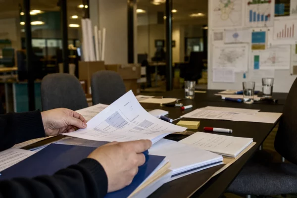 Des mains trient des sondages sur une table de permanence, face à un mur de graphiques et des chaises vides.