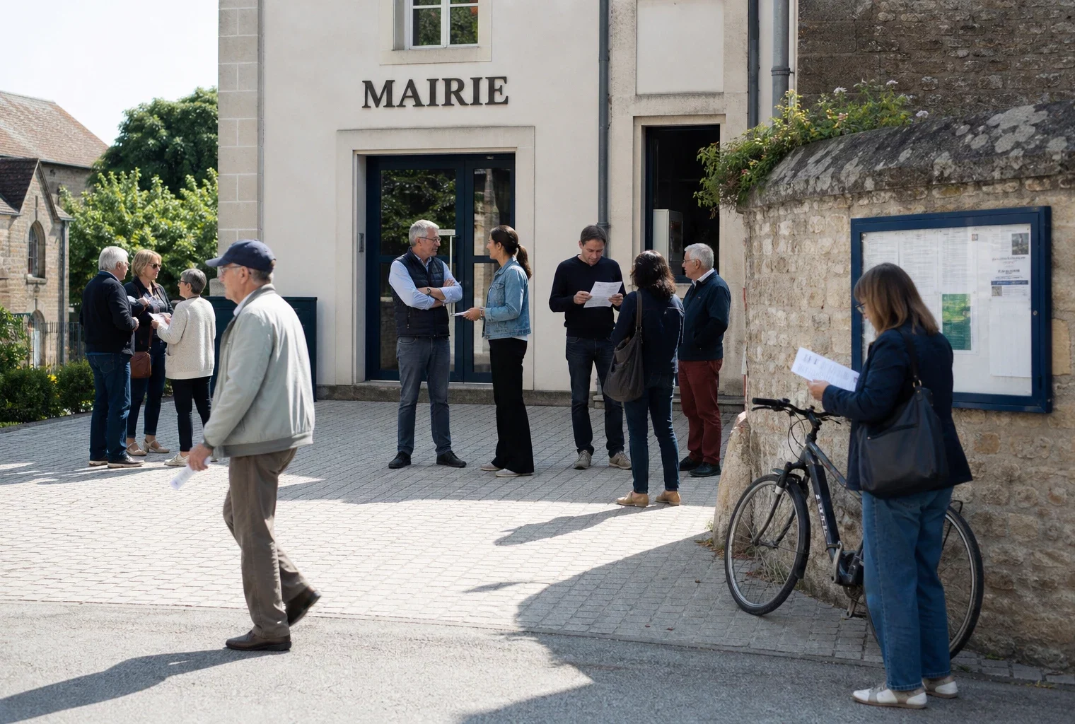 Citoyens anonymes échangeant devant une mairie française, dans une scène claire de vie démocratique locale