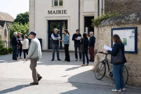 Citoyens anonymes échangeant devant une mairie française, dans une scène claire de vie démocratique locale
