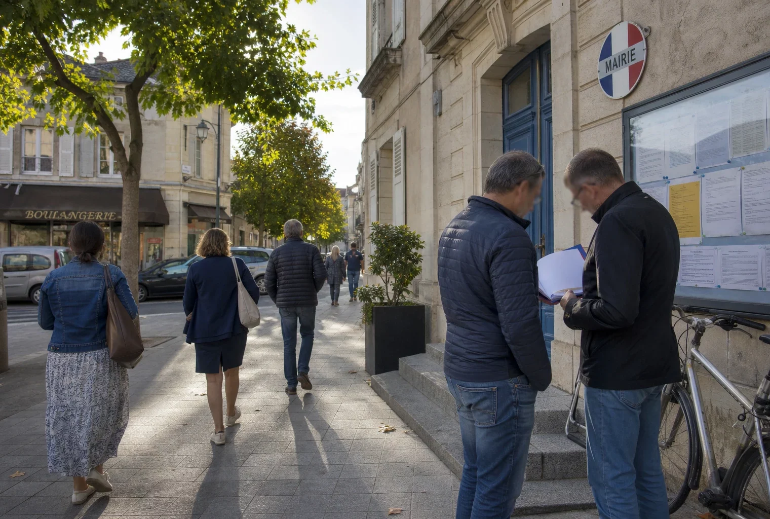 Rue d’une ville moyenne française avec habitants anonymes et échange civique devant un bâtiment municipal