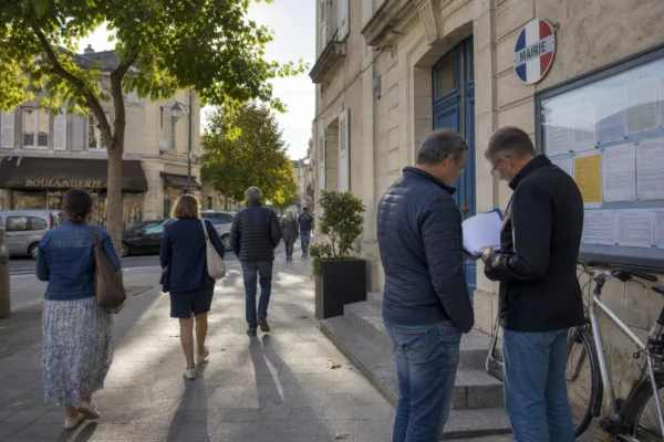Rue d’une ville moyenne française avec habitants anonymes et échange civique devant un bâtiment municipal