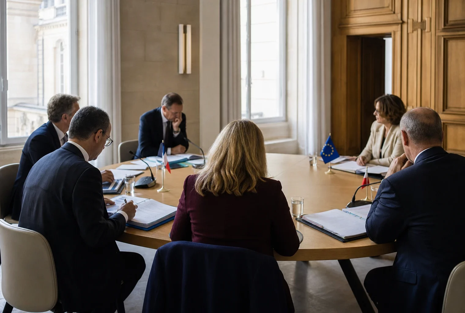 Réunion européenne sobre avec des responsables anonymes, dossiers ouverts et drapeaux de table discrets