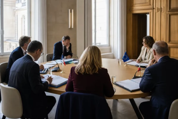 Réunion européenne sobre avec des responsables anonymes, dossiers ouverts et drapeaux de table discrets