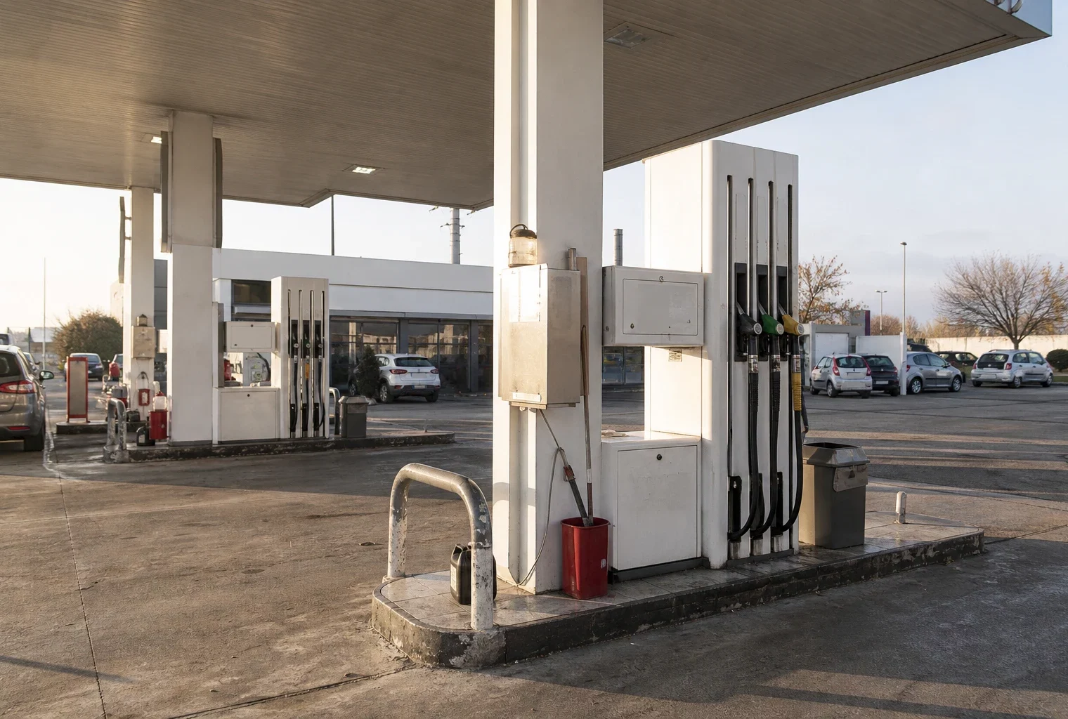 Une station-service avec ses pompes à carburant, en contexte ordinaire, pour illustrer le plafonnement des prix.