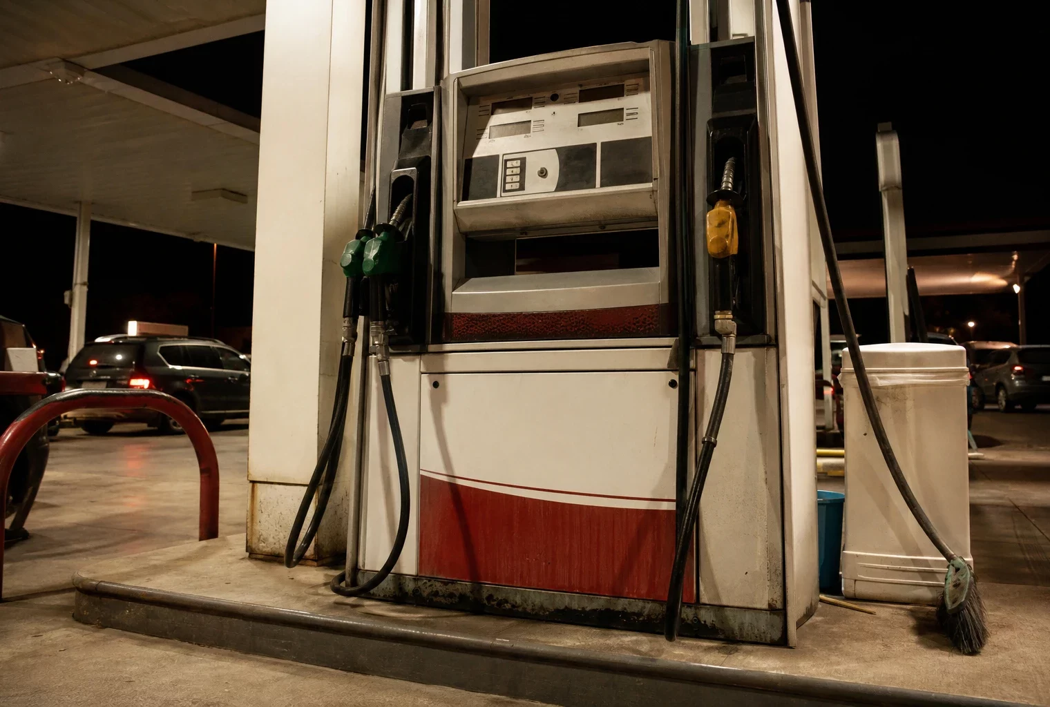 Pompes d’une station-service en bord de route, avec des voitures en arrière-plan.