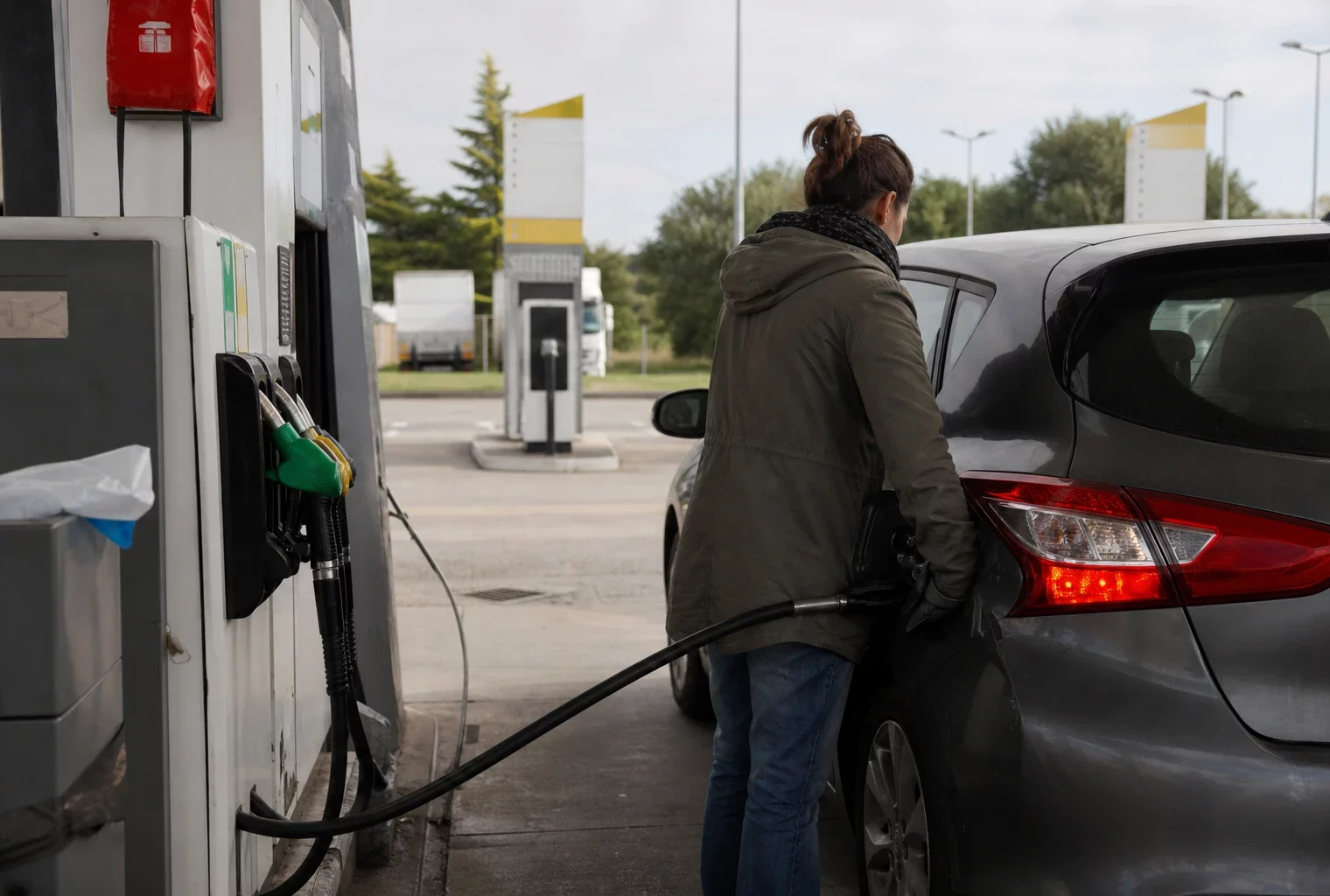 Une voiture fait le plein à une station-service, avec la pompe à carburant au premier plan.