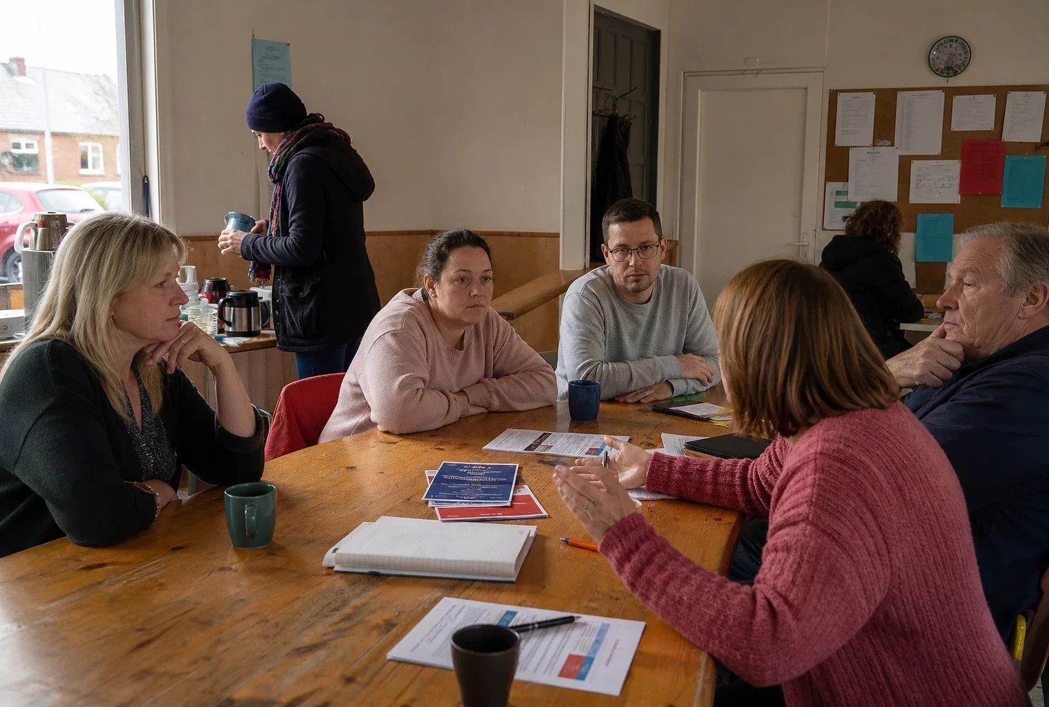 Réunion associative dans le Pas-de-Calais avec des habitants anonymes autour de documents de campagne illisibles