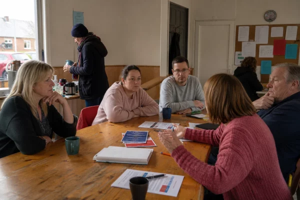 Réunion associative dans le Pas-de-Calais avec des habitants anonymes autour de documents de campagne illisibles