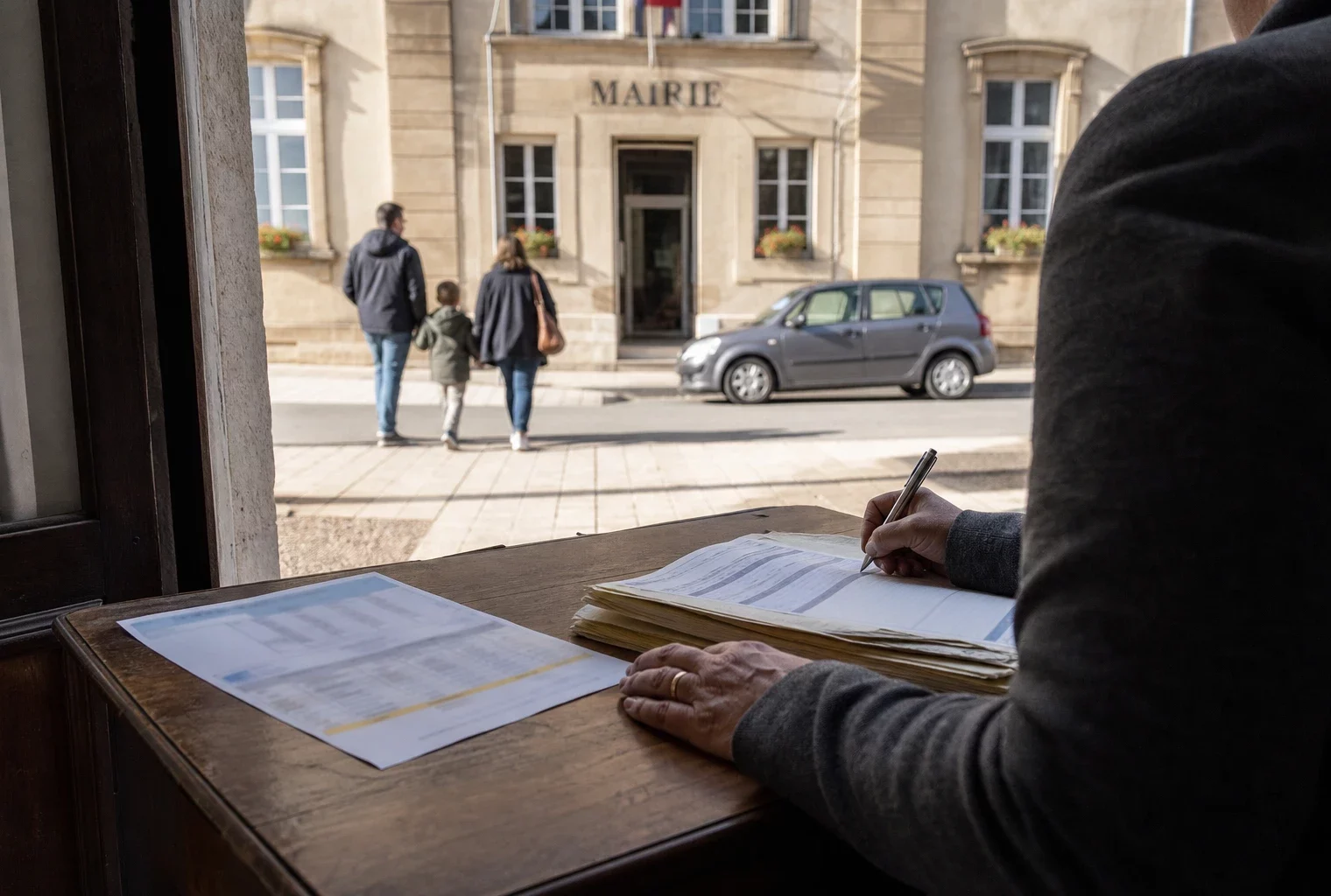Élu local anonyme consultant un dossier à la mairie de Hayange sur la suppression des navettes scolaires