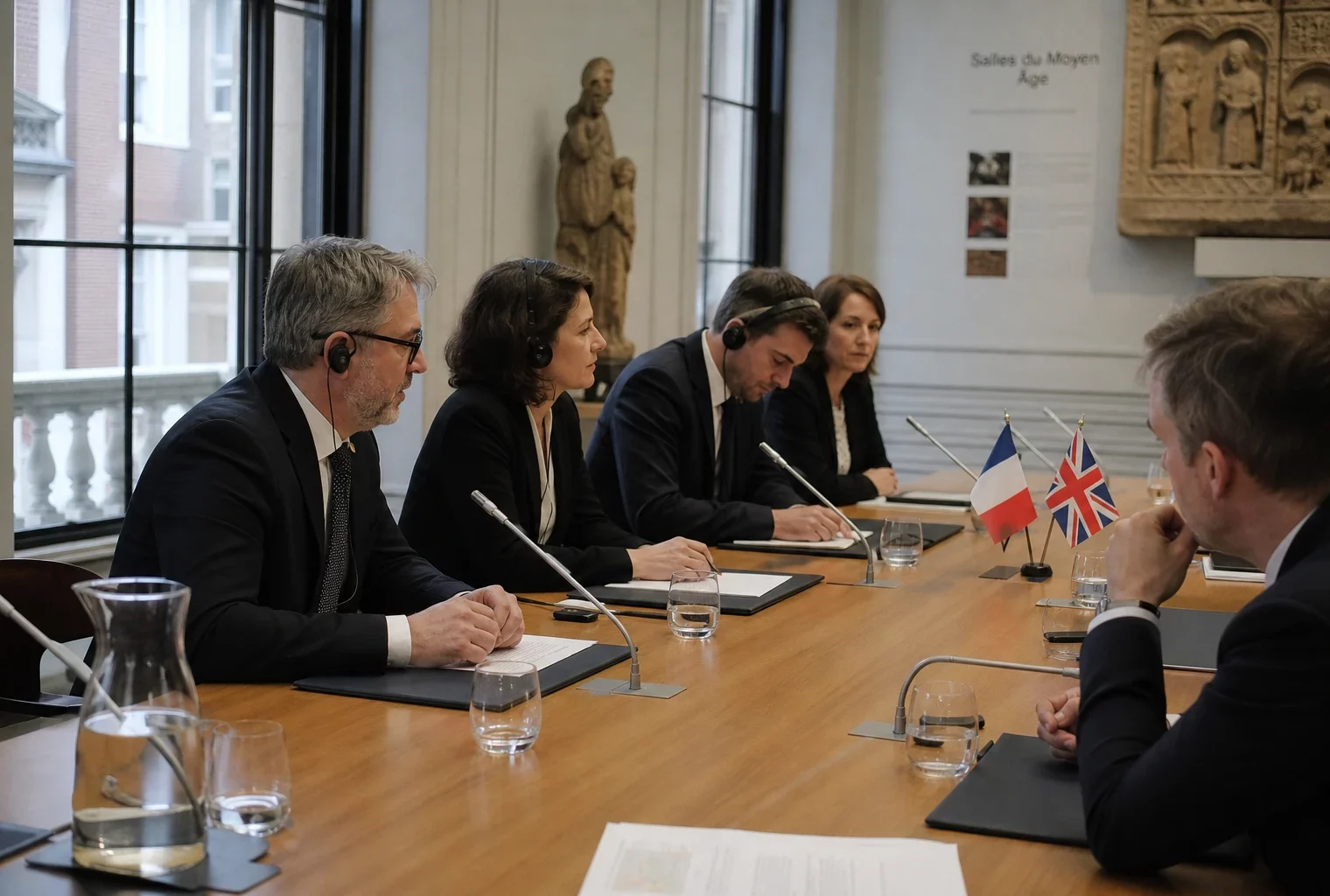 Table de négociation franco-britannique avec micros, dossiers et écouteurs dans un musée londonien
