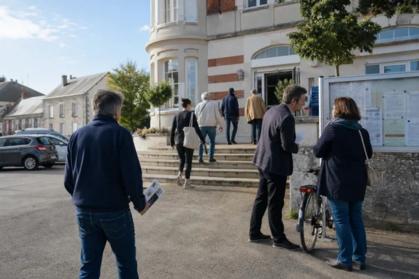 Citoyens anonymes devant une mairie normande, illustrant l’impact local du prêt de la tapisserie de Bayeux