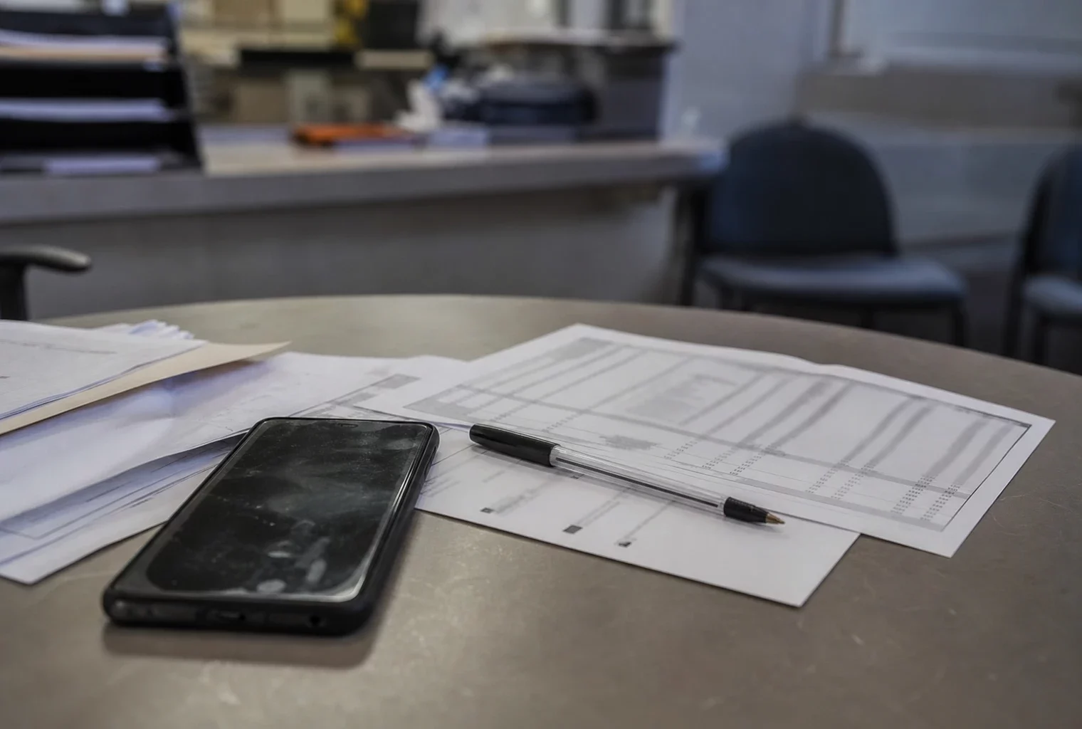 Un téléphone, des relevés bancaires et des dossiers sur une table dans une permanence d’aide aux victimes.