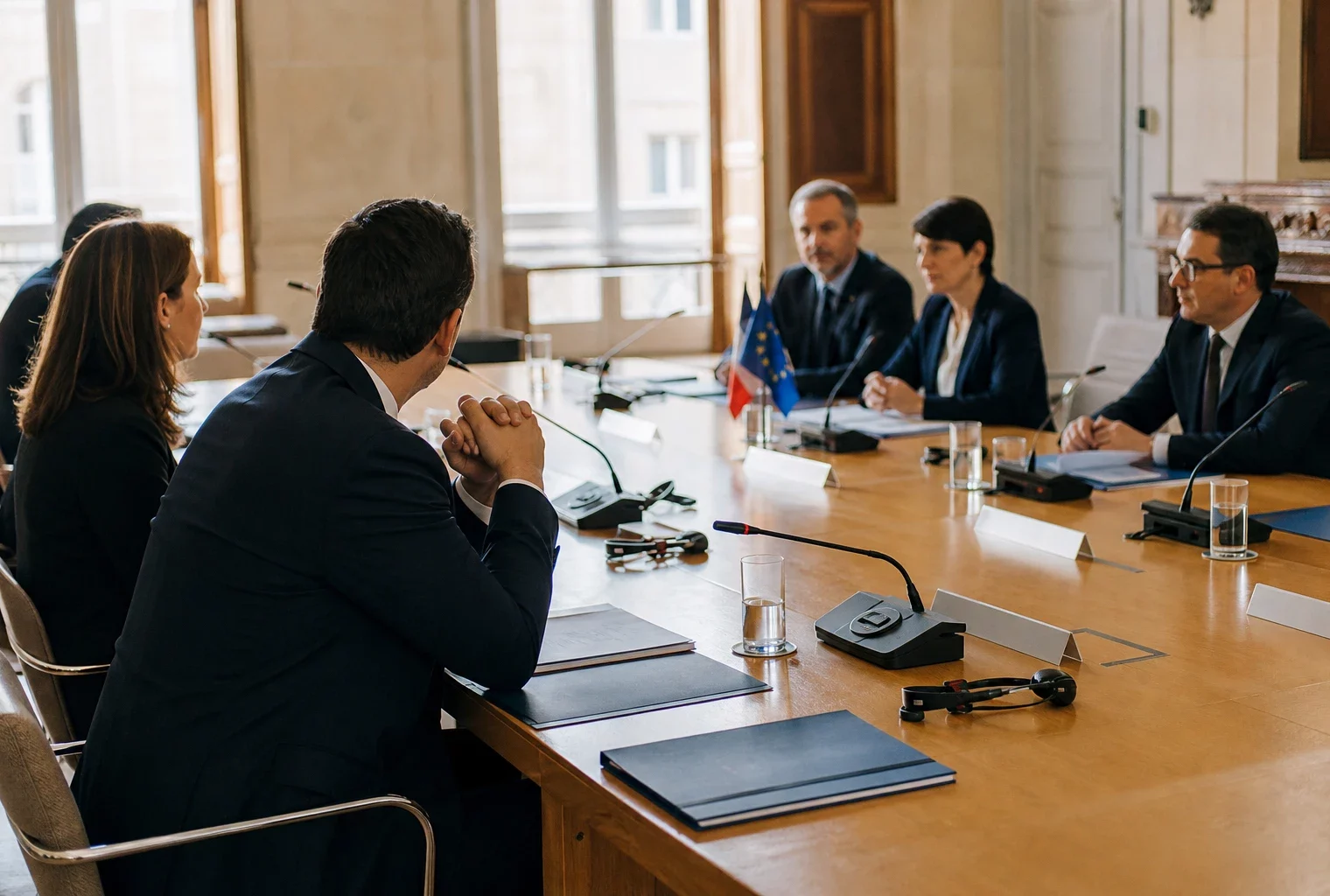 Table de négociation internationale avec micros, dossiers fermés et silhouettes anonymes dans une salle institutionnelle française