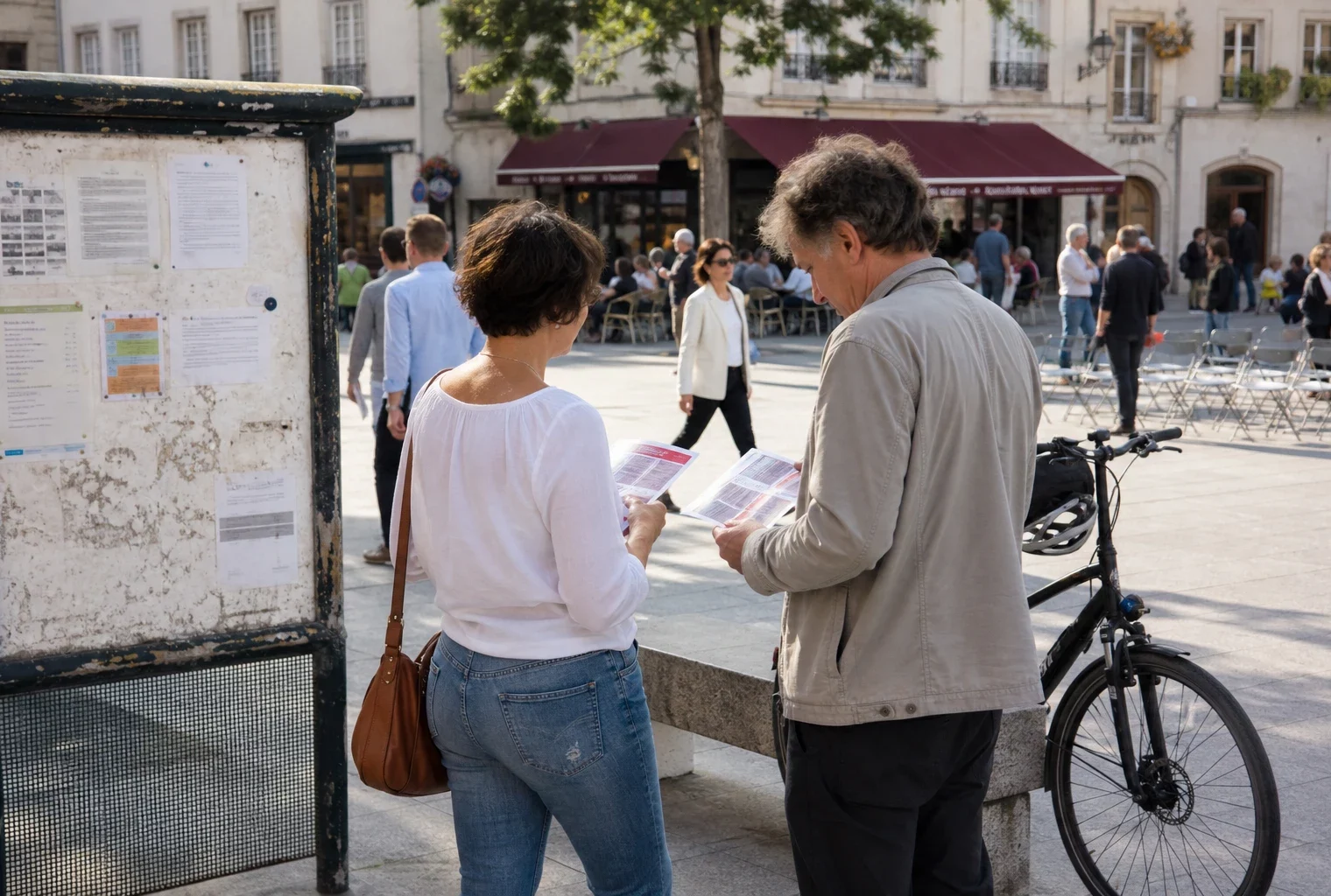 Scène de rue française avec des citoyens anonymes échangeant autour de documents politiques flous