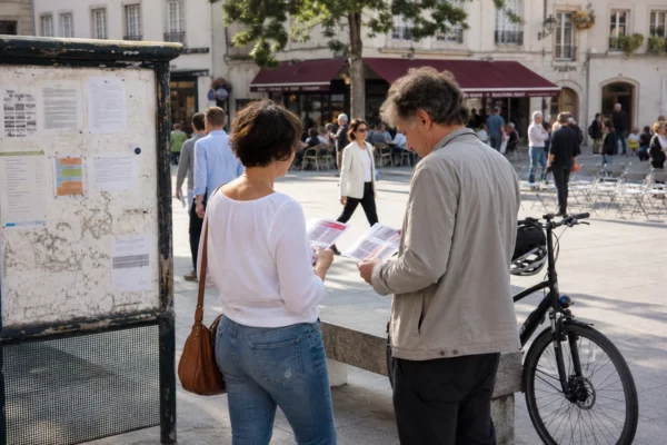 Scène de rue française avec des citoyens anonymes échangeant autour de documents politiques flous